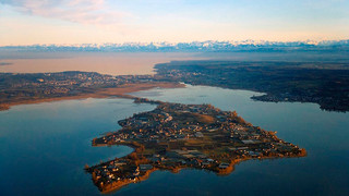 Island Reichenau with a view to the alps